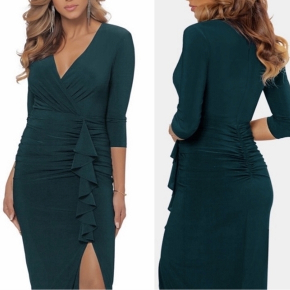 Betsy & Adam Cascade Ruffle Ruched Jersey Long Formal Dress Green 2 NWT - Picture 2 of 11